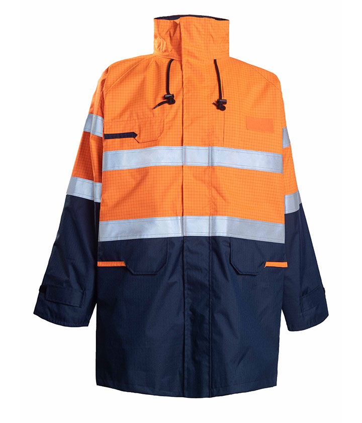 Hi Vis Orange contrast Navy Blue Flame Retardant Rain Parka