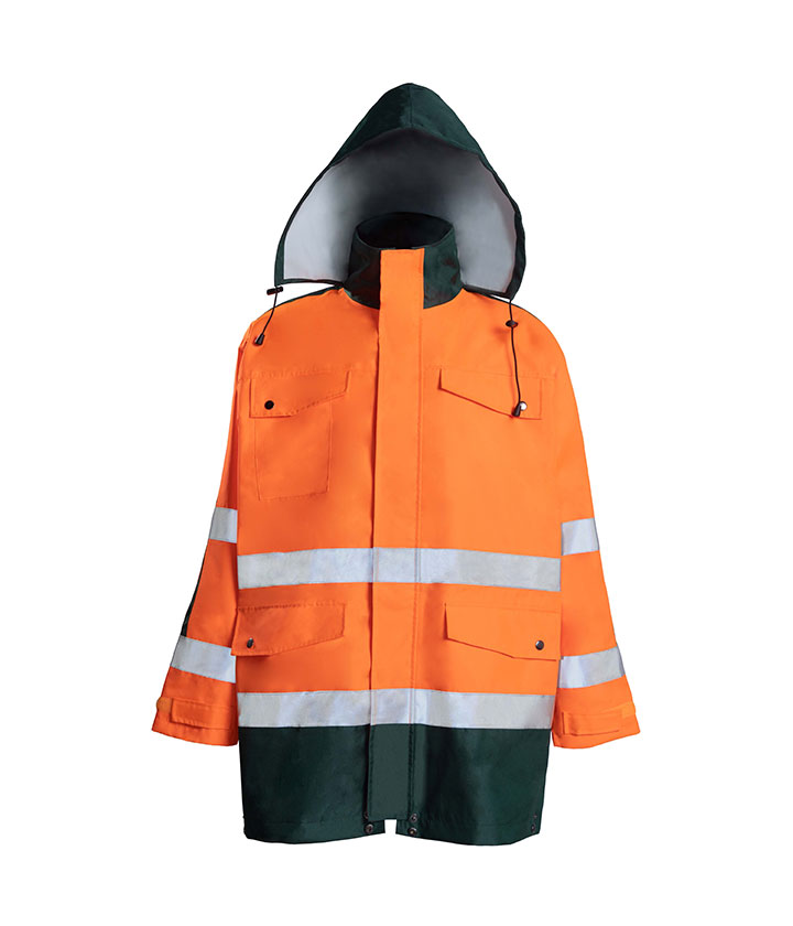 Hi Vis Orange contrast Green black raincoat